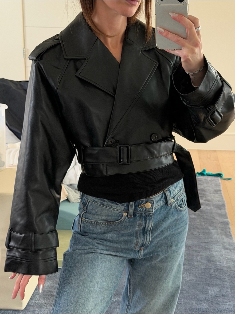 Zara Faux Leather Cropped Trench Jacket